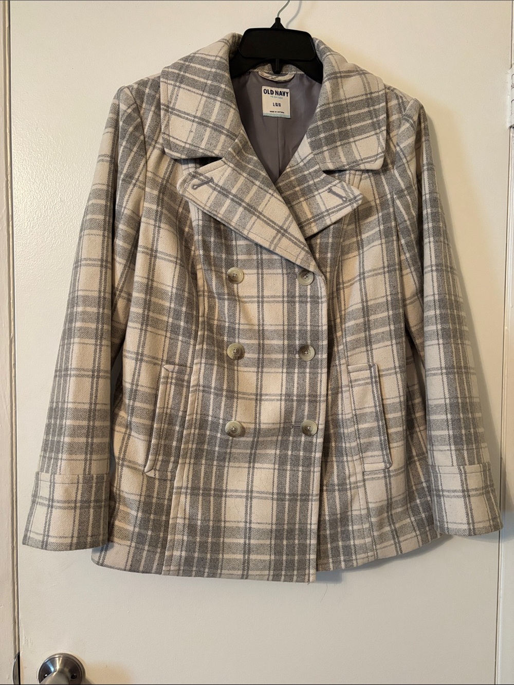 Old Navy Cream and Gray Plaid Double-Breasted Peacoat